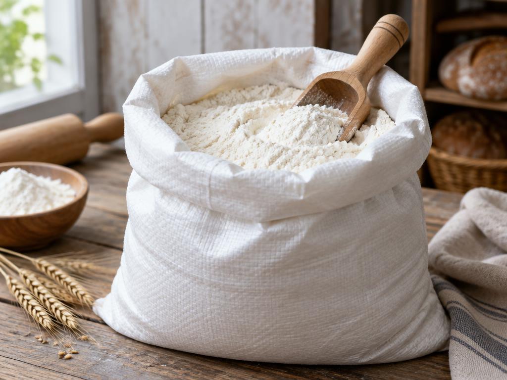 Open sack of white wheat flour